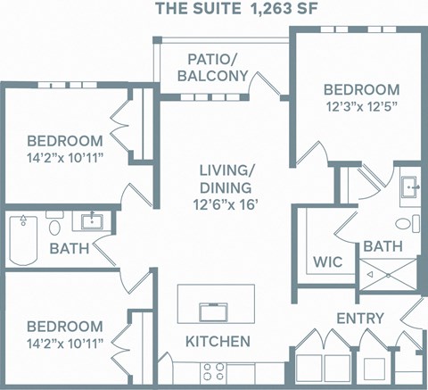 Floor plan for 3 beds, 2 baths, 1263 sqft
